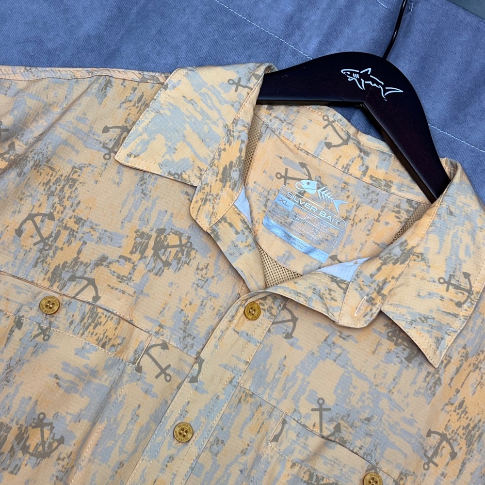 Silver Bait Fishing Shirt Mens XL Orange Anchor Print Ripstop Button Up